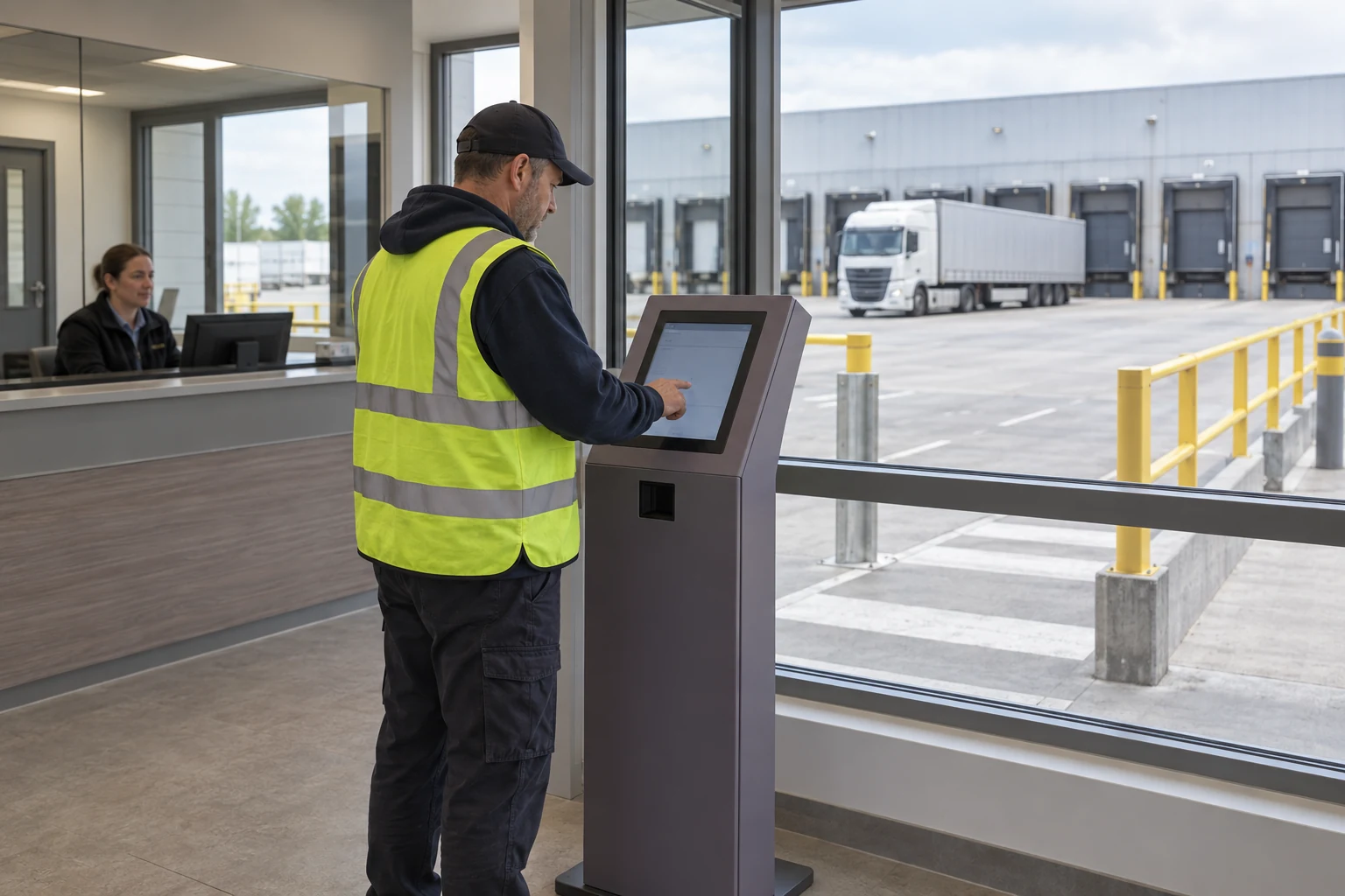 Kierowca przy kiosku obsługi dostaw w centrum logistycznym